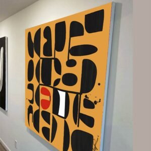Large-scale yellow modernist abstract painting with crisp black-and-white shapes, shown at an angle to reveal the painting’s edges and depth.