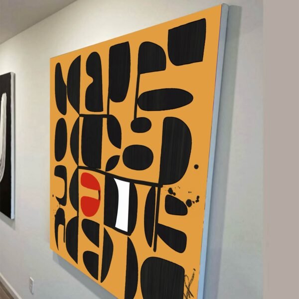 Large-scale yellow modernist abstract painting with crisp black-and-white shapes, shown at an angle to reveal the painting’s edges and depth.