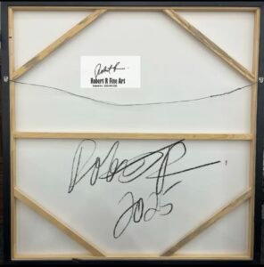 Back of a gallery-wrapped abstract painting by Robert R, showing wooden stretcher construction, hanging wire, dated artist signature, and Robert R Fine Art contact tag.
