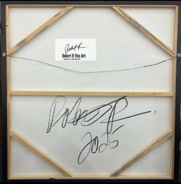 Robert R Fine Art – Gallery-Wrapped Canvas Back, Signature and Hanging Wire Back of a gallery-wrapped abstract painting by Robert R, showing wooden stretcher construction, hanging wire, dated artist signature, and Robert R Fine Art contact tag.