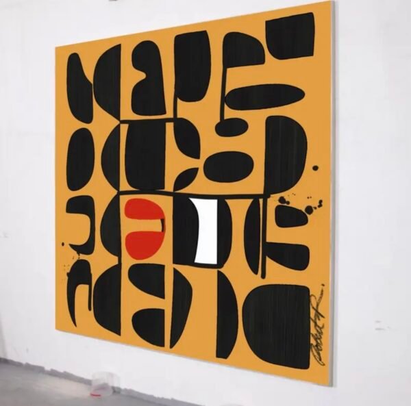 Yellow modernist abstract painting with crisp black geometric shapes displayed on a gallery wall, viewed from an angle. angle.