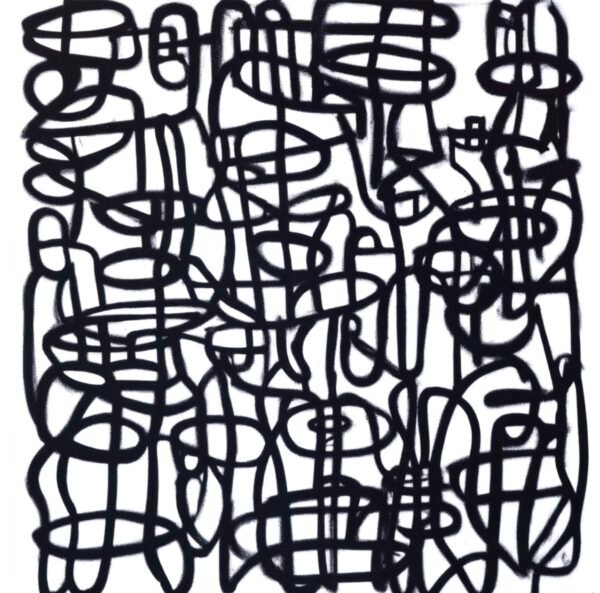 Black Dino Robert R – Black and White Modern Abstract Painting, Linework Detail Close-up of a black-and-white hand-painted herringbone-style line pattern on canvas by Robert Rodriguez.