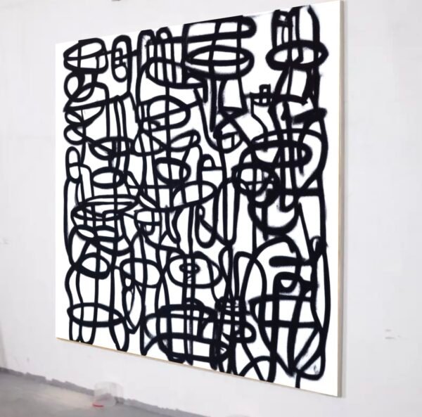 Robert R – Black and White Abstract Painting, Full Angled View Full view of a black-and-white modern abstract painting with bold street-art-inspired linework, displayed at an angle on a gallery wall.